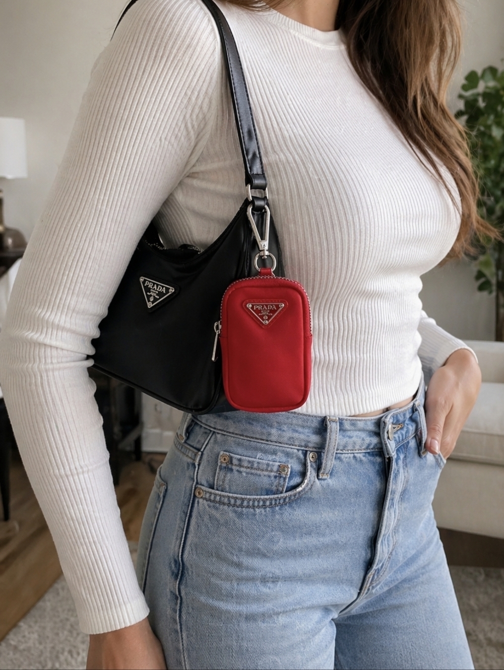 Prada Red Nylon Mini Pouch Keychain Coin Case Small Zip Bag Italy - Picture 14 of 14